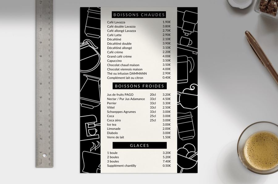 Création d’un menu blanc et noir pour un salon de thé