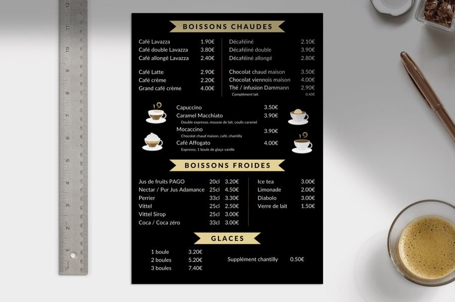 Création d’un menu noir et doré pour un salon de thé